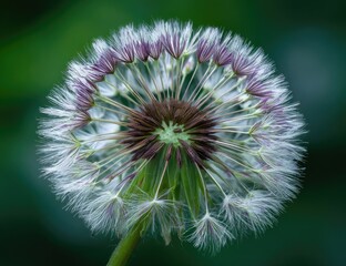 Close-up of a dandelion seed head.  Soft white seeds radiate outwards from a dark brown center