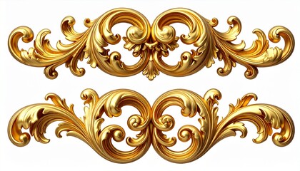 3D render of elegant golden baroque floral ornament with acanthus leaves, swirl and scroll carving, luxury vintage decorative flourish isolated on white background