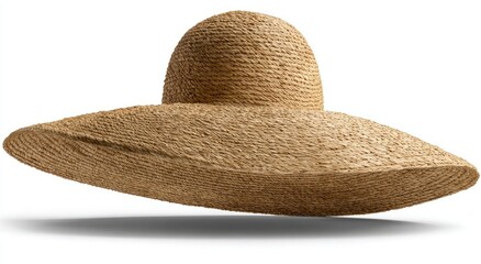 A wide-brimmed, light-brown straw hat, seemingly crafted from woven natural fibers, casts a slight shadow on a stark white background. The crown is round and slightly domed