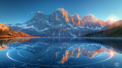 A breathtaking mountain landscape at sunrise, golden light illuminating snowy peaks, reflection in a crystal clear lake