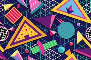 Obraz premium Vibrant geometric shapes bursting with retro energy, perfect for dynamic graphic design and eye-catching backgrounds with a bold 80s vibe, a pop art sensation