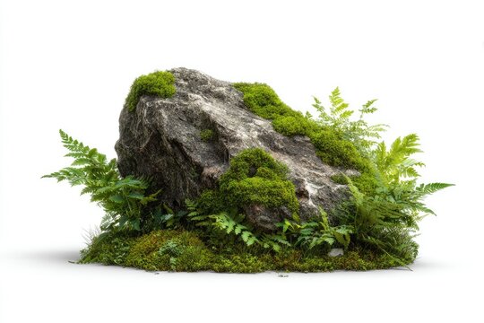 Large rock, covered in moss and ferns, on a bed of greenery