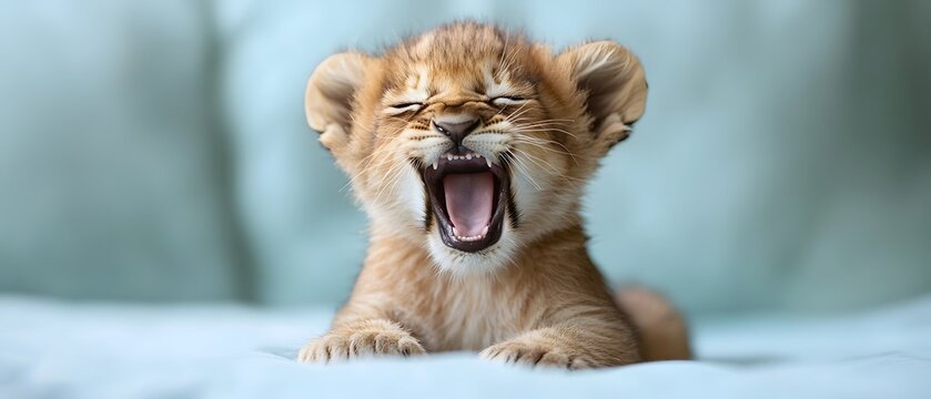 A baby lion cub yawns widely revealing its tiny teeth with its eyes closed in an adorable expression