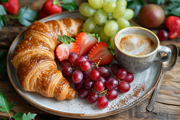 A flat lay of gourmet breakfast with coffee, croissants, and fresh fruit on a rustic wooden table