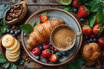 A flat lay of gourmet breakfast with coffee, croissants, and fresh fruit on a rustic wooden table