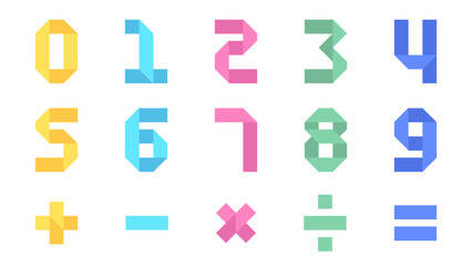 Vibrant Multicolor Folded Paper Number Font with Mathematical Symbols in Origami Inspired Style
