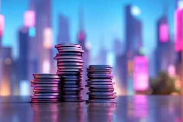 Stacks of coins against a vibrant city backdrop.  Stacked metallic coins in varying heights, reflecting light.  Blurred cityscape in vibrant pinks and blues.  Modern urban scene