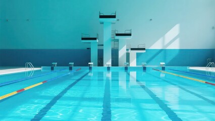 Swimming pool with diving boards and lanes prepared for competition