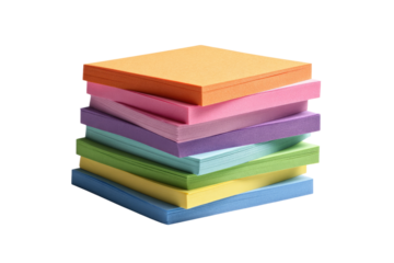Neatly stacked bright sticky notes in various pastel colors.