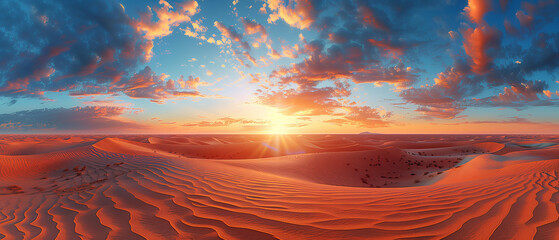 A vast desert with rolling golden sand dunes under a dramatic sunset sky