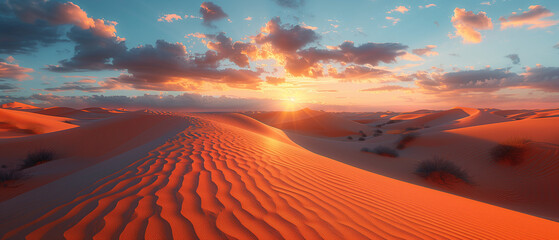A vast desert with rolling golden sand dunes under a dramatic sunset sky