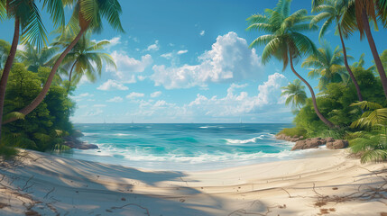 A serene tropical beach with white sand, turquoise water, and palm trees swaying under the bright sky.