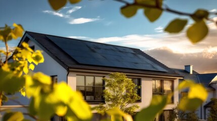 白い家の太陽光パネル屋根と緑の葉の背景