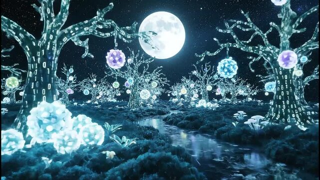 Enchanting digital forest glade awakens with binary trees, glowing orbs, and a mystical moonlit stream, hinting at future innovation and nature's evolution.