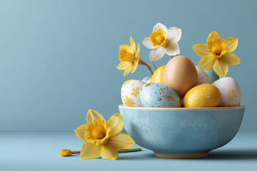 Easter eggs daffodils blue bowl spring flowers pastel colors holiday decoration