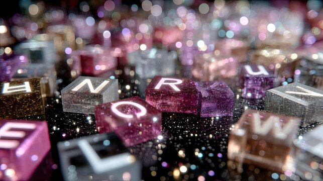 Falling Alphabet Letters Cinematic Hdr With Purple Pink and Clear Letter Blocks on Dark Surface with Bokeh Lighting