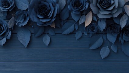 Dark blue paper flowers adorn a wooden plank background
