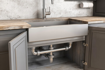 Modern kitchen design showcasing a spacious stainless steel sink with wooden countertop and elegant cabinetry