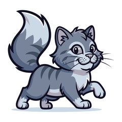 Playful kitten in vibrant cartoon: A cheerful illustration of a fluffy kitten with striking grey stripes and curious eyes, poised to explore, radiating energy and charm. 