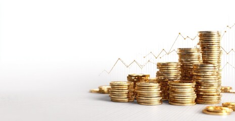 Gold coins stacked in rising columns, overlaid with upward trending lines,  representing financial growth