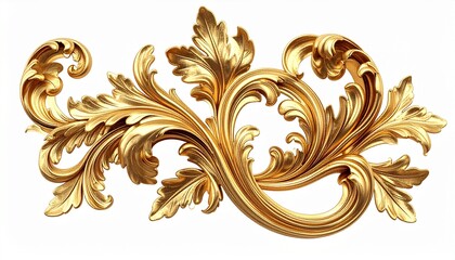 3D render of elegant golden baroque floral ornament with acanthus leaves, swirl and scroll carving, luxury vintage decorative flourish isolated on white background