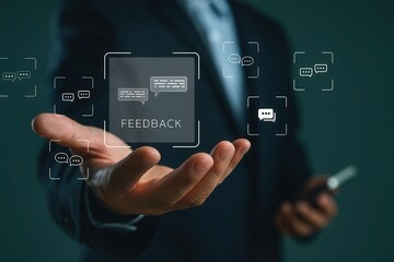 Feedback and review concept,businessman hand with floating feedback chat icons,customer response and satisfaction analysis,online rating system and client comment collection