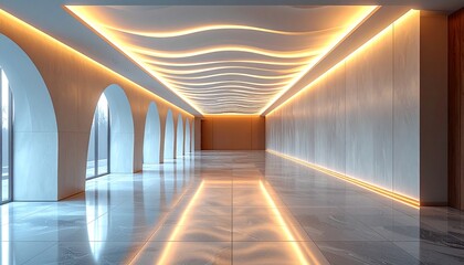 Elegant Open Concept Office Animation A Modern Interior with Flowing Lines and Warm Light Accents for a Creative Workspace