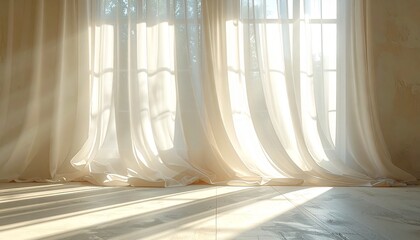 Open Concept Office Animation Sunlight Streaming Through Sheer Curtains in a Modern, Airy Interior