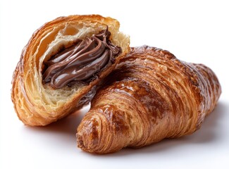Two halves of a croissant, filled with chocolate hazelnut spread, on a white background