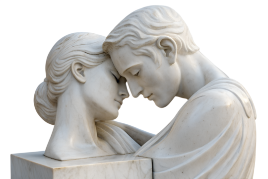 Close-up marble sculpture of a loving couple embracing, symbolizing unity, affection, and deep connection between two souls