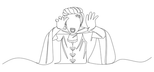 Continuous one line drawing of a vampire character with fangs, cape, and dramatic gesture. Minimalist linear illustration representing Halloween, horror, spooky fantasy, and mythical creatures
