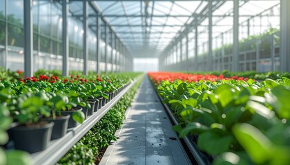 Perspective view down a long aisle in a modern commercial greenhouse with rows of lush green seedlings and red flowers growing