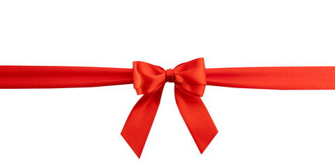 Red satin bow and ribbon stripe isolated border,Christmas gift decor. Design element.