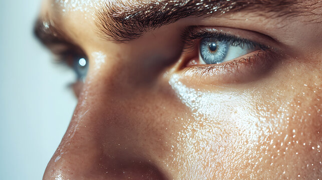 Close up of male face with shiny skin and blue eye detailed skin texture and natural look bright lighting highlighting facial features youthful appearance healthy skin clear complexion natural - Powered by Adobe