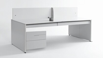 Modern white open concept office animation desk with drawers and dividers, perfect for contemporary workspace design and virtual office environments