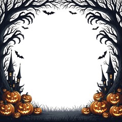 Spooky Halloween Border with Jack-o'-Lanterns and Haunted Castle - Halloween Theme - Invitation and Background