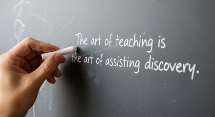 Hand writing the quote The art of teaching is the art of assisting discovery on a chalkboard representing education learning and knowledge