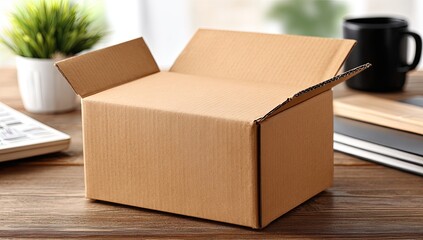 Open cardboard box on a wooden desk, office supplies nearby