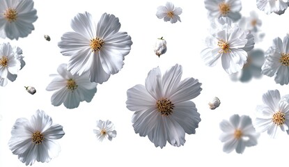 Delicate white cosmos flowers float in a soft, airy arrangement against a white background
