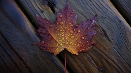 Red Maple Leaf with Water Drops on Wood Surface