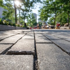 Close-up view of a paved city street. Sunlight filters through trees in the background, blurring the urban scene.  Grey paving stones form a grid pattern, showing mortar lines between