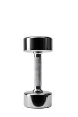 Shiny chrome dumbbell for strength training and fitness on black background.