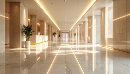 Sleek, futuristic interior hallway, an ideal backdrop for an open concept office animation, featuring expansive polished floors, ambient lighting, and minimalist design