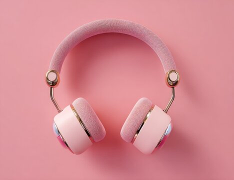 Pink headphones on a pink background. Top-down view