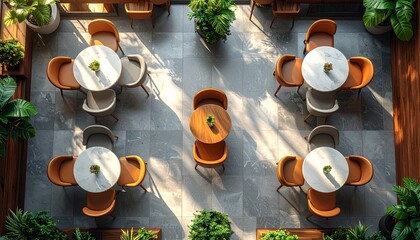 Top-down view of a modern co-working space with lush greenery, an elegant open concept office animation ideal for business backgrounds