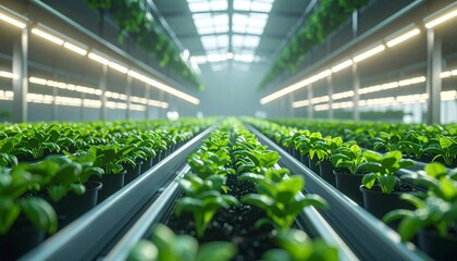 Open concept office animation - a vibrant visualization of a modern vertical farming system, showcasing rows of flourishing plants in a futuristic greenhouse environment