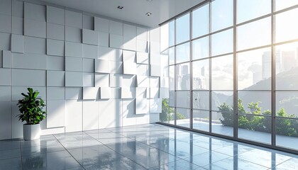 Open Concept Office Animation Light-Filled Space with Modern Wall Design and Cityscape Views, Ideal for Contemporary Business