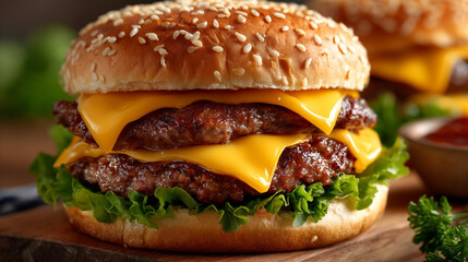 Close-up of a mouth-watering double cheeseburger with two juicy patties melted yellow cheese fresh green lettuce and a glossy sesame seed bun.