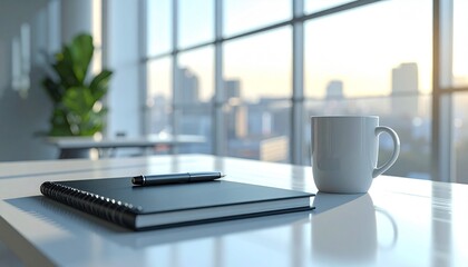 Tranquil morning scene in an open concept office animation with a notebook and coffee on a desk overlooking a sunlit city