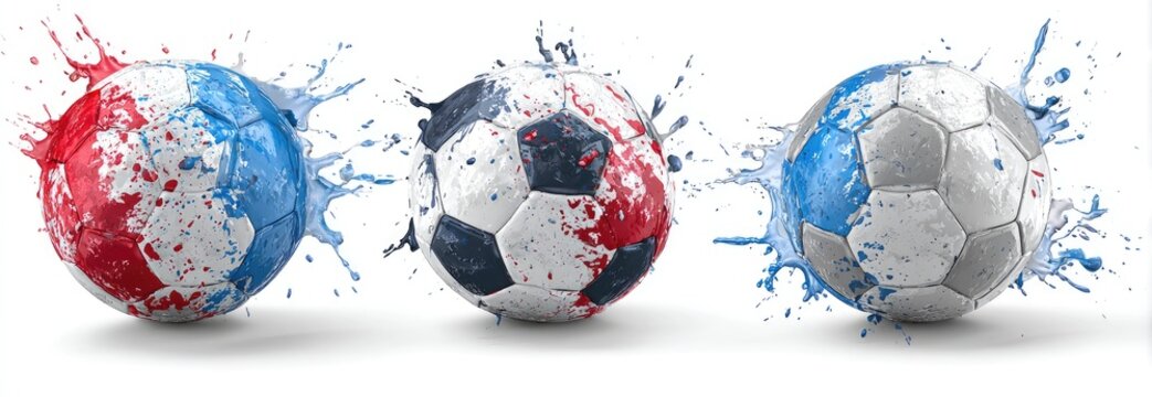 Three soccer balls, splashed with paint-like liquid, in red, blue, and gray